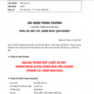 Xin chúc mừng chủ nhân của chiếc xe máy Wave Alpha đầu tiên tại cửa hàng Honda Việt Long khi khách hàng tham gia chương trình