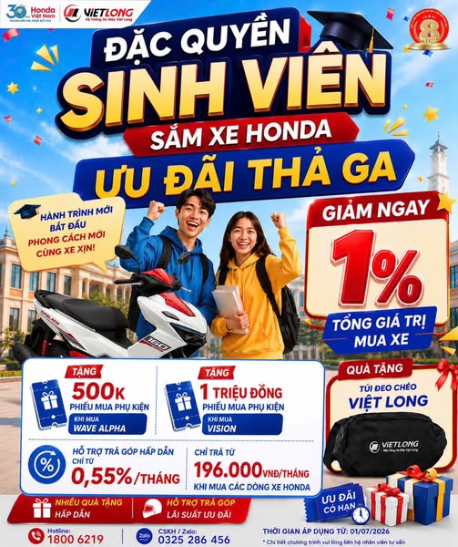 🎓🔥 ĐẶC QUYỀN SINH VIÊN – SẮM XE HONDA, ƯU ĐÃI THẢ GA TẠI HEAD VIỆT LONG!