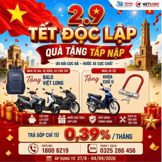 🇻🇳🔥 2/9 TẾT ĐỘC LẬP – QUÀ TẶNG TẤP NẬP! 🔥🇻🇳 🎁 ƯU ĐÃI CỰC ĐÃ – RƯỚC XE CỰC CHẤT CÙNG HEAD VIỆT LONG! 🛵✨